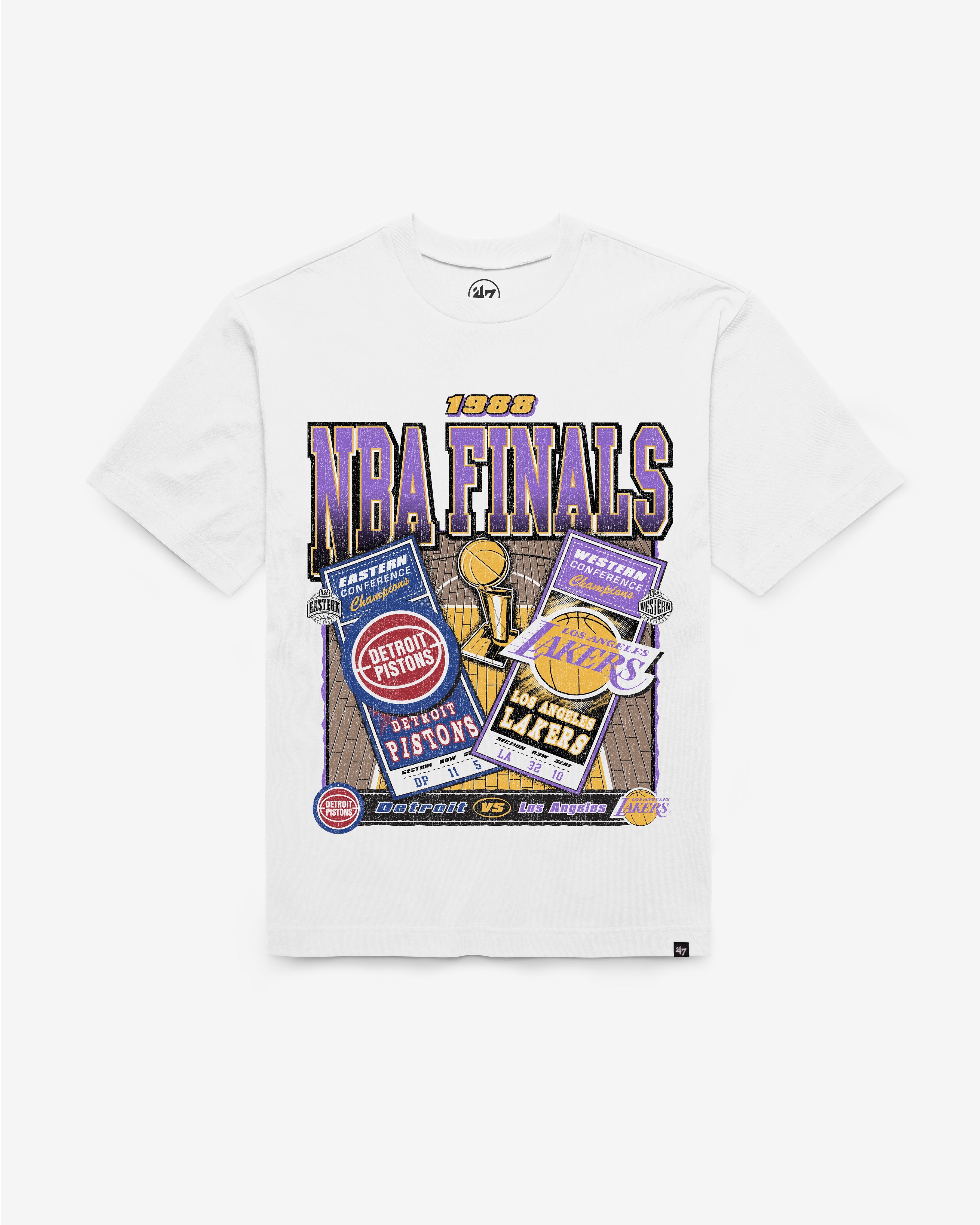 DETROIT PISTONS VS. LOS ANGELES LAKERS NBA FINALS DUELING COURT MATCHUP '47 FOUNDATION TEE Premium Comfort Casual