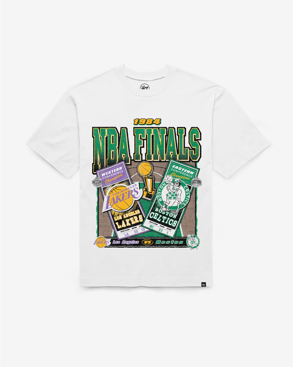 LOS ANGELES LAKERS VS. BOSTON CELTICS 1984 NBA FINALS DUELING COURT MATCHUP '47 FOUNDATION TEE Premium Comfort Casual