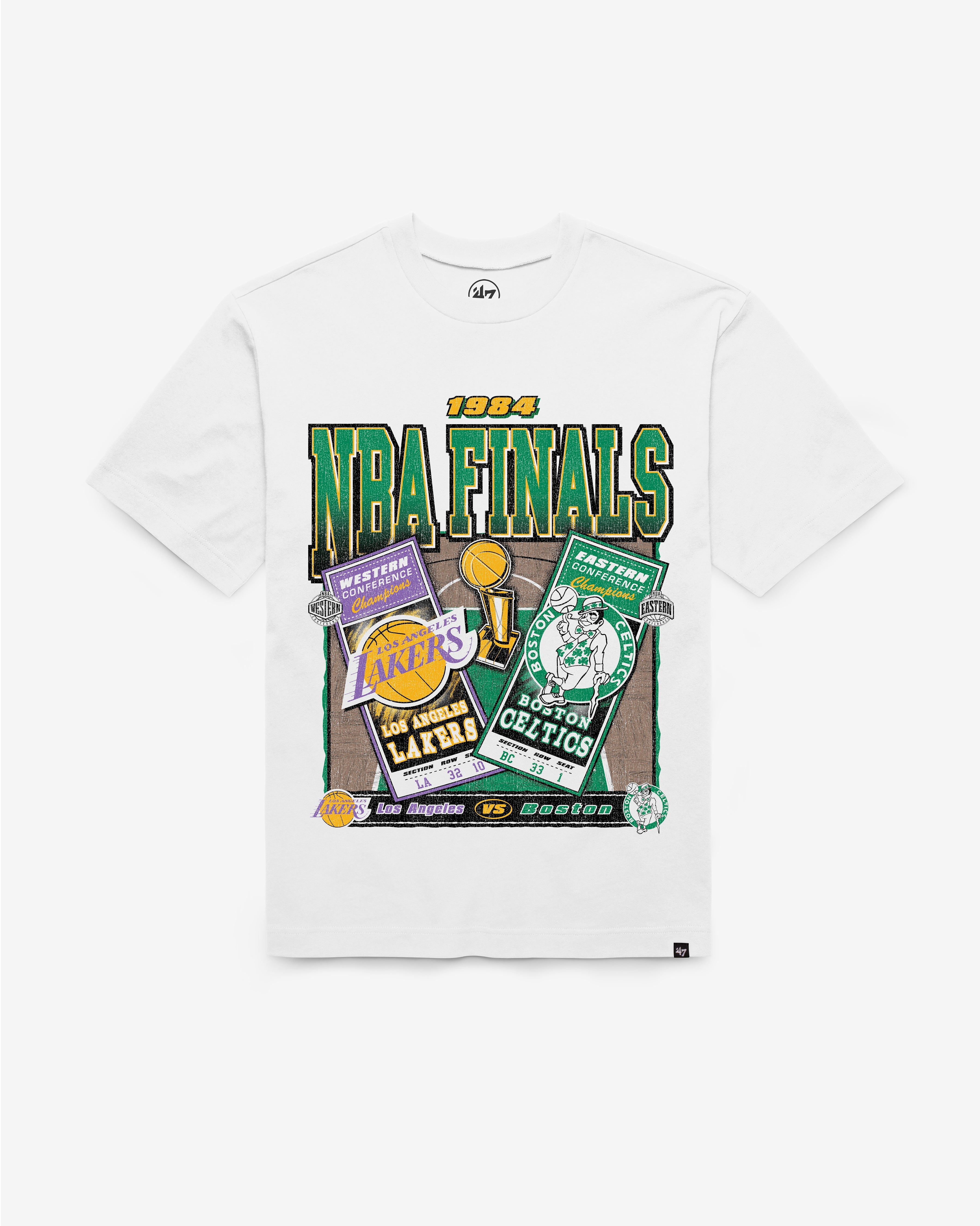 LOS ANGELES LAKERS VS. BOSTON CELTICS 1984 NBA FINALS DUELING COURT MATCHUP '47 FOUNDATION TEE Premium Comfort Casual